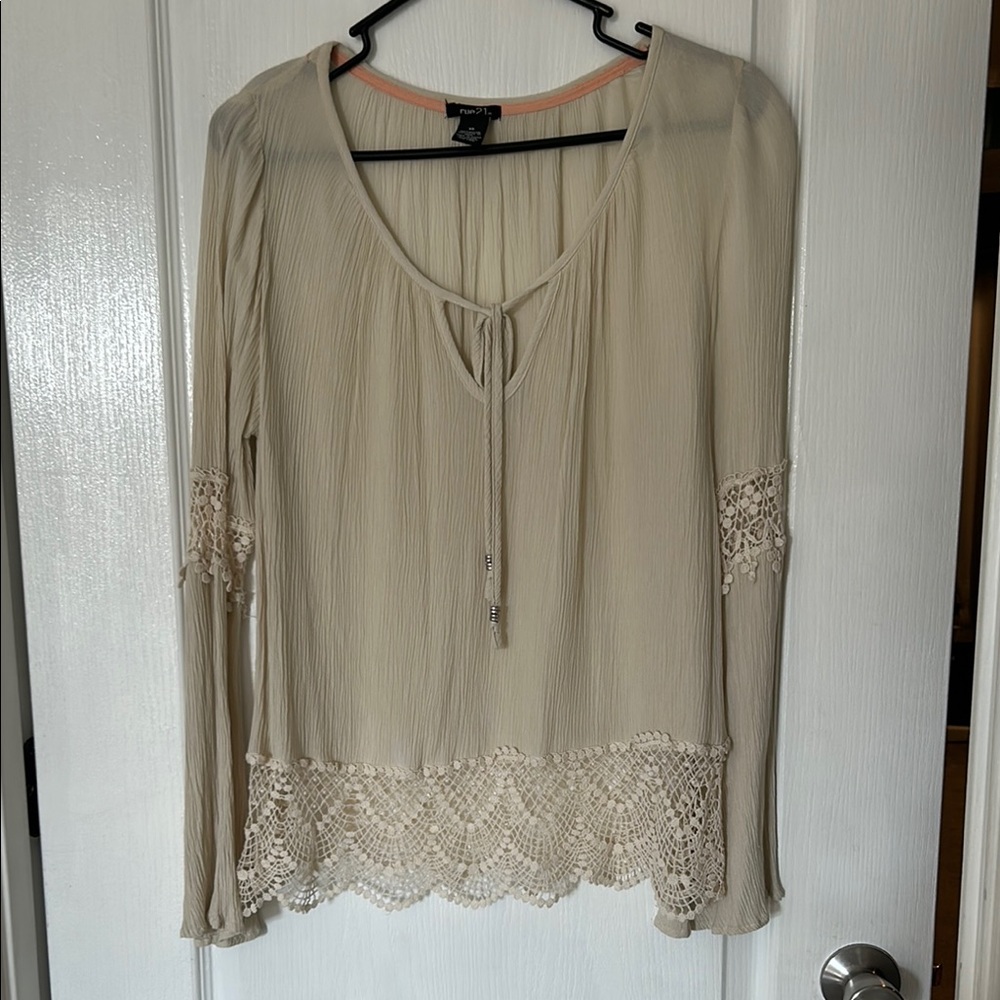 Angie Beige Lace Trim Blouse